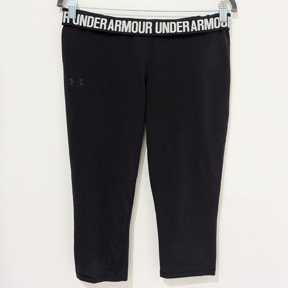 Under Armour Charged Black White Foldover Waistband Capri Active Leggings Large